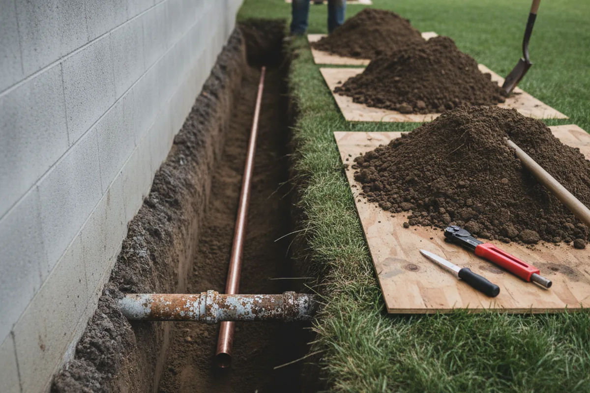 Excavated water line trench during Water Softener Installation in Posen